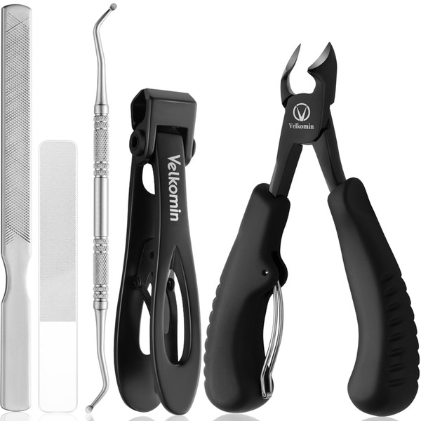 Podiatrist Toenail Clippers, Professional Thick & Ingrown Toe Nail Clippers for Men & Seniors, Pedicure Clippers Toenail Cutters, Super Sharp Curved Blade Grooming Tool (5-PCS, Black)