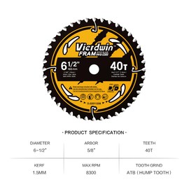 VIERDWIN 6-1/2 Inch 40-Teeth(1PC) Circular Saw Blade with 5/8'' Arbor, High-Density Carbide Teeth for Wood, Plywood, OSB & More