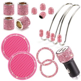 ToBeQueen Pink Car Bling Accessories Set for Women 15pcs,Head Rest Bling Rings,Bling Car Adapter Charger,Bling Car Hangers,Bling Cup Coaster,Bling Tire Valve Covers,Car Ignition Ring(Pink)