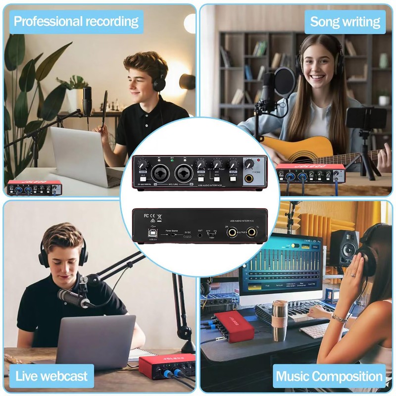 USB Audio Interface, Red 24-Bit/192kHz Plug & Play Recording Sound