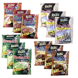 Dede Instant Tea Samplers (12. pcs) 3-in-1 Powder Thai Tea with Cream and Sugar, Thai Coffee, Boba Milk Tea, Green Tea with Cream and Sugar