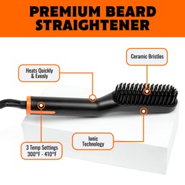 TAME The Wild Beard Brush and Beard Straightener for Men - Ionic Heated Comb with 3 Adjustable Temps - Wooden Beard Comb for Grooming - Anti-Scald Safety - for All Hair Types