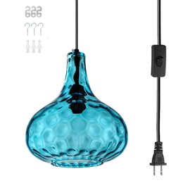 Qufute Mid-Century Modern Plug in Pendant Light Fixture,Blue Glass Pendant Lamp with 14.7 ft Cord Hammered Glass Globe Shade,Black Plug in Hanging Light for Bedroom Dining Living Room