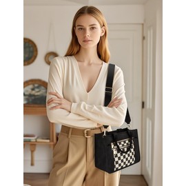 Checkered Tote Bag for Women - Plaid Handbag Checkerboard Crossbody Shoulder Bag Trendy Checkered Work Tote Purse (A01 Black)
