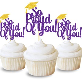 DOMOO OF DREAMS So Proud Of You Cupcake Toppers Graduation Decoration Food Picks Congrats Grad Party Supplies Purple Gold