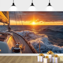 7x5ft Cruise Ship Sunset Backdrop Yacht Sailing in Sea at Sunset Scenery Canvas Deck Mast Summer Tropical Ocean Sunset Scenery Background Marine Sailor Nautical Birthday Photoshoot Props