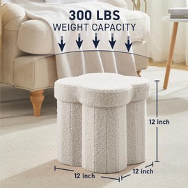 Ornavo Home White Boucle Storage Ottoman Cube – Flower-Shaped Footstool with Hidden Storage, Faux Teddy Fur Foot Rest for Living Room, Bedroom & Dorm, 12" Inch