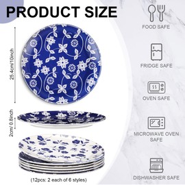 Sunnychicc 12 Pcs 10 Inch Blue and White Floral Plastic Platters Set Reusable Round Thickened Heavy Duty Serving Plates Vintage for Dinner Salad Dessert Appetizer Steak, Microwave and Dishwasher Safe