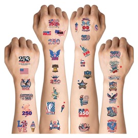250th Anniversary Patriotic Temporary Tattoos - 10 Sheets 1776-2026 USA Semiquincentennial Party Favors - Fourth of July American Flag Tattoos - Red, White & Blue Celebration Decals