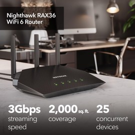 NETGEAR Nighthawk WiFi 6 Router (RAX36) – Security Features, AX3000 3 Gbps Wireless Speed – Dual-Band Gigabit Internet Router – Covers 2,000 sq. ft., 25 Devices – Built-in VPN, USB 3.0, Gaming