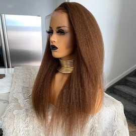 Brown Kinky Straight Wigs 13x6 Lace Front Human Hair Wigs Yaki For Black Women 30# Color Brazilian Remy Hair HD Transparent Lace Pre Plucked With Baby Hair Naturl Hairline 150% Density 14Inch