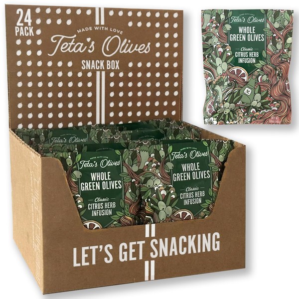 Teta's Double-Marinated Whole Green Olive Snacks, Citrus Herb, Vegan, Low