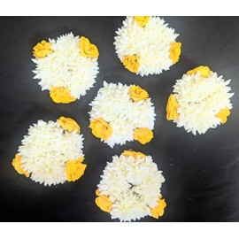 Pretty Charming Artificial Jasmine Flower Hair Bands with Yellow Roses, Traditional Wedding Accessories, White, Set of 6 Ideal for Haldi ceremony