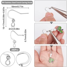 SUNNYCLUE 1 Box 200Pcs Stainless Steel Earring Hooks Fish Hook Ear Wires French Earring Hooks with Openable Loops Hypoallergenic Earring Findings for Dangle Earrings Making Jewellery Making Supplies