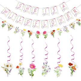 34 PCS Flower Birthday Decorations She Is A Wildflower Birthday Party Banner Garland Hanging Swirls Decor Wildflower Decoration for Women Party Supplies