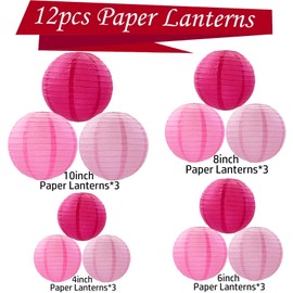 KUNYYI Pink Paper Lanterns 12Pcs Hanging Lanterns for Birthday Party, Wedding, Home Decor, Baby Shower Festive Decoration