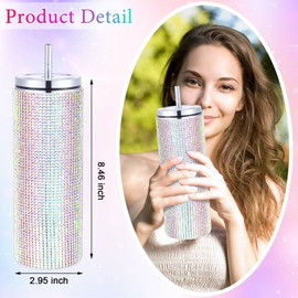 Rtteri 3 Pcs Bling Water Bottle Rhinestone Stainless Steel Bling Cup Stemless Glitter Tumbler Insulated Rhinestone Tumbler with Chain, Lid and Straw for Women Coffee Martini Wine Cups (Silver)