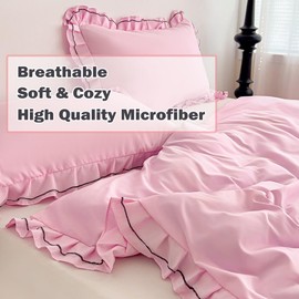 LMONMOO Pink Duvet Cover Queen, Chic Lace Bedding Set with Double Ruffle, 3 Pieces Luxury Princess Style Comforter Cover Soft Breathable for Girls Kids Teen, All Season(Pink, Queen)