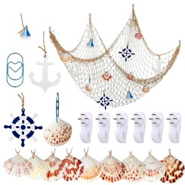 YSDMY Decorative Fishing Net 1.5 m x 2 m Nautical Fish Net with Shells, Sailing Boat, Steering Wheel, Wooden Anchor, Picture Hanger, Paper Clips for Nautical Decoration Party at Home