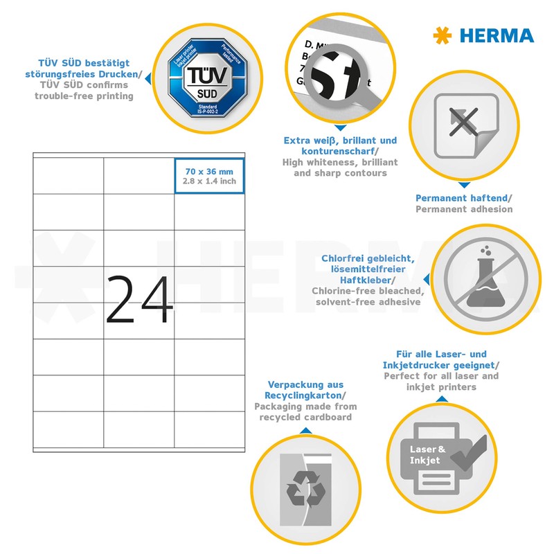 HERMA 8638 Adressetiketten, 10 Blatt, 70 x 36 mm, 24