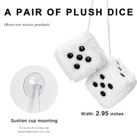Fuzzy Plush Dice for Car Mirror, 3 Inch Pair of Retro Square Mirror Ornament Soft Dice with Dots, Vintage Couple Pendant Charms Vehicle Interior Hanging Decoration for Women (White)