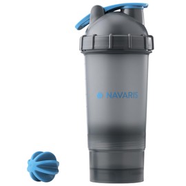 Navaris Shaker Proteinas con Compartimentos - Mezclador de Proteinas 3en1 con Compartimentos para Polvo y Pastillas - Shaker Gym 500 ml Antifugas con Bola de Mezclado - Negro/Azul