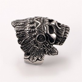 PAURO Cool Feather Dayak Indian Headdress Punk Skull Stainless Steel Mens Ring Size 10