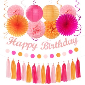 Hot-Pink Orange 21st Happy-Birthday Party-Decorations - 31pcs Sweet 16 18th Women Girls Paper Lanterns Streamers Banner,Tissue Pom Poms Fans Tassels Graland Decor,Fall Boho Backdrop Supplies Hugmoon