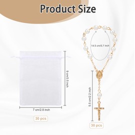 30 Pcs Gold Rosary Bracelet, Pearl Small Rosary Rosarios Catolicos Bracelets with Organza Bag, Communion Wedding Baptism Favors for Guests, Baptism Decorations Party Favors for Christening Weddings