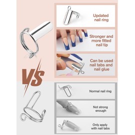 EBANKU Wudu Nail Ring for Acrylic Nails, Adjustable Fingernail Rings with 120 Pieces Nail Glue, Reusable Metal Nail Ring Set for Artificial Nails, Nail Art Decoration (Silver)