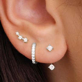 3 Pairs of Earrings Silver 925 Set for Women Small Stud Earrings Silver 925 Set Stackable Cubic Zirconia Stud Earrings Hoop Earrings Set Jewellery Women's Earrings for Multiple Piercings