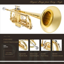 AKLOT Hand-Hammered Bell Bb Trumpet: Smooth Valve Action, Clear Lacquer Finish, Adjustable Tuning Slides, Complete Beginner Set with Leather Case, Lesson Book, Trumpet Mute, Cleaning Kit (SNR-BrzSF)