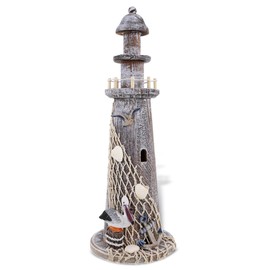 Puzzled COTA Global Brown Wooden Lighthouse Decor - Handmade and Crafted Wooden Lighthouse Decoration with Pelican and Fishing Net, Tabletop Home Decor - 15.75 Inches