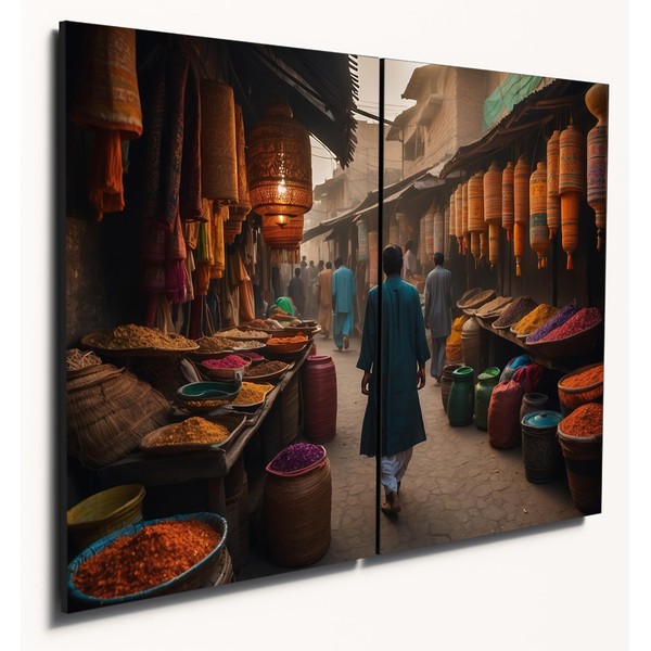 The Plum Penguin Bustling Pakistani Bazaar Scene Wooden Wall Art