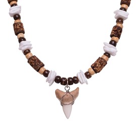 BlueRica Shark Tooth on Brown Coconut & Puka Chip Shell Beads Necklace (18" 3L)