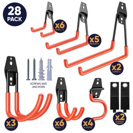 28 Pack Steel Heavy Duty Garage Hooks Storage Hooks with Anti-Slip Coating, Utility Garage Wall Mount Hanger and Organizer for Bikes, Ladder, Rope, Broom, Shovel and Garden Power Tools (28, Orange)