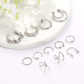 Kakonia Pack of 12 20G Fake Nose Piercing for Women Men Stainless Steel Fake Nose Ring Septum Non Pierced Nose Septum Ring Cartilage Cuff Not Piercing Earrings, Stainless Steel