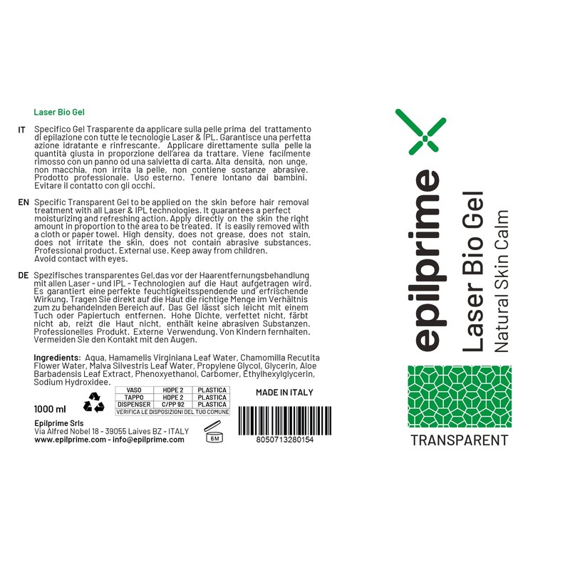 EPILPRIME - Gel Conduttore Trasparente, Laser Diodo, Luce Pulsata, Ultrasuoni,