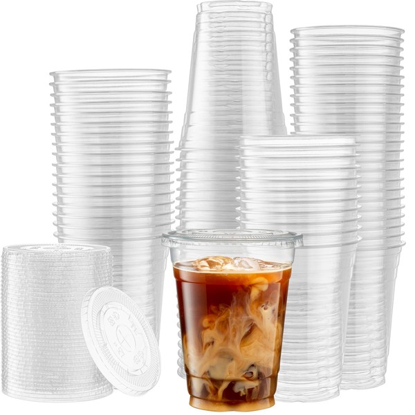oz Clear Plastic Cups with Flat Lids - 50 Pack Disposable Plastic Parfait Cups - for Iced Coffee, Milkshakes, Cold Drinks, Smoothie, Slurpee, Boba Cup