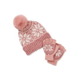 Holiday Time Women's Tinsel Winter Hat & Gloves Snowflake Set Pink One Size