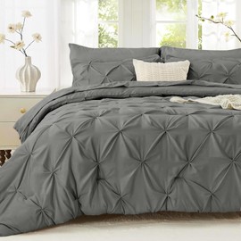 Sasttie Queen Comforter Set, 7-Piece Bed in a Bag, Pintuck Bedding Set for All Season, Includes Comforter, Flat Sheet, Fitted Sheet, Pillowcases and Pillowshams, Dark Grey