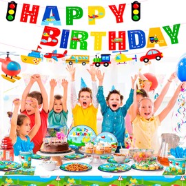 Transportation Birthday Party Supplies,190pcs Transportation Party Tableware Set-Transportation Birthday Decor Banner Tablecloth Plates Napkin etc Bus Car Train Themed Birthday Party Supplies for Kids