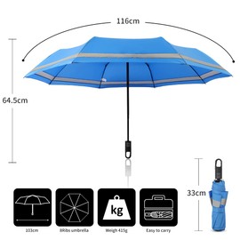 Quick Safety® Hiking Trekking Umbrella Pocket Umbrella Men Women Umbrella Open-Close Automatic Storm Resistant Reflective Carabiner Hook Handle Design, Azure blue