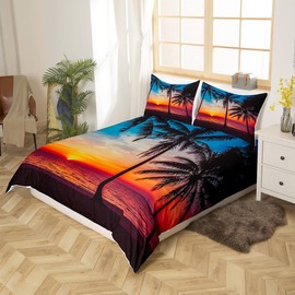 Feelyou Ocean Beach Themed Bedding Set Queen Size 3 Pcs,Tropical Sunset Beach with Palm Trees Comforter Cover,Peaceful Ocean Evening View Resort Bedspread Decorative 1 Duvet Cover and 2 Pillowcases