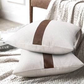 cygnus Set of 2 White Linen Patchwork Faux leather Throw Pillow Covers for Couch Living Room Bedroom, Modern Accent Decor Square Covers 22x22 inch, Brown and White