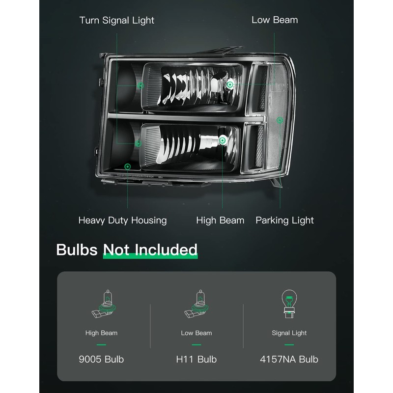 LSAILON Headlight Assembly Replacement Fit 2007-2013 For GMC Sierra 1500