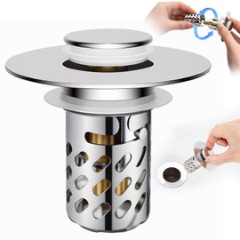 Bathroom Sink Stopper with Hair Catcher, Universal Pop-Up Drain Strainer for 1.1"–2.36" US Standard Sink Drain Hole, Anti-Clog Basin Stopper with Removable Stainless Steel Strainer Basket (Slant Bore)