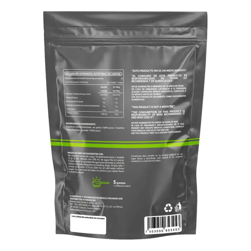 Creatina Monohidratada 450 Gr Wellthy 90 Porciones Sabor Sin Sabor