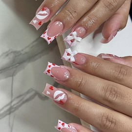 SINHOT Valentines Day Press on Nails Medium Square Fake Nails Glossy Glue on Nails Red Love Heart Acrylic Nails White Lips Squoval Artificial Nails Pink French Tip False Nails with Design 24 pcs
