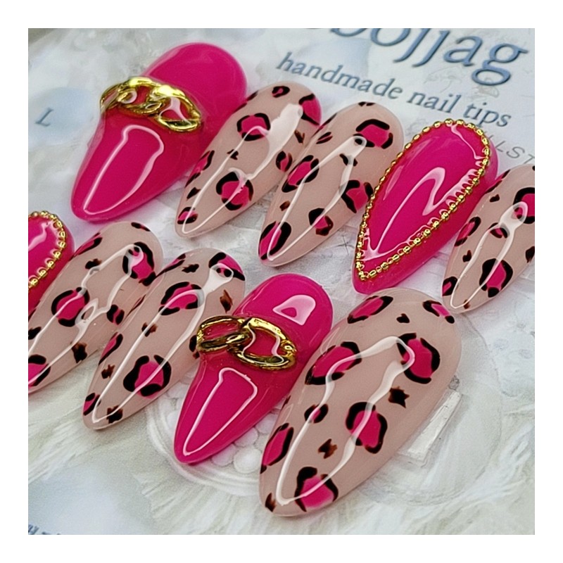 Hot Pink Leopard Handmade Nail Tips - Stiletto M /